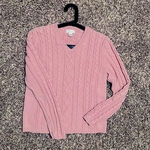 Christopher & Banks, Pink, Cable Knit, New V-Neck Sweater, Small, 100% Cotton